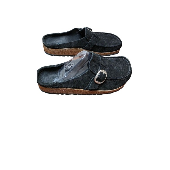 Birkenstock Shoes - Birkenstock Women's Black Suede Buckle Slip-On Mules -‎ Size 38 EU (7 US).
